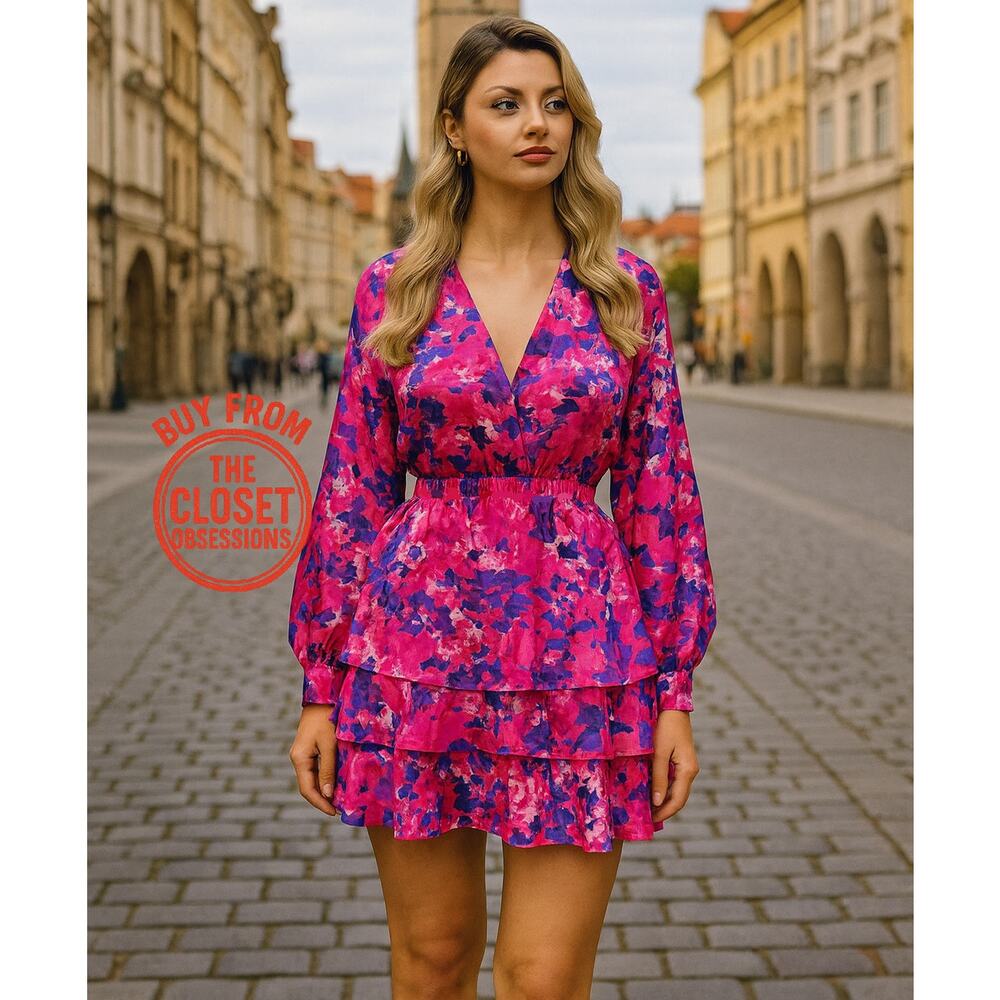 ZARA Pink Floral V Neck Mini Dress NWT Flounce Hem Resort Vacation Dress M - Picture 5 of 16